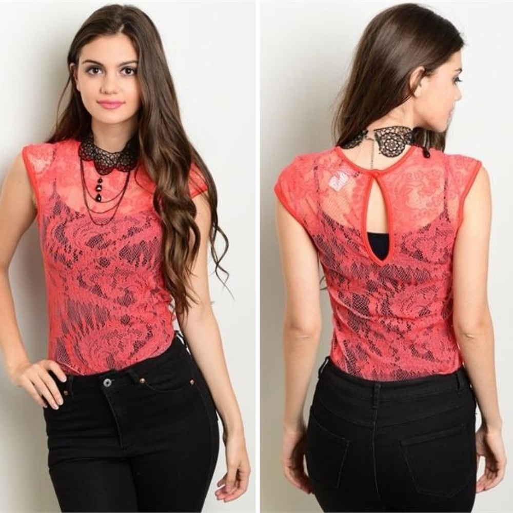 Sheer Floral Lace Short Sleeve Bodysuit | Coral